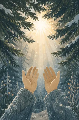 Hands Reaching Toward Evergreen Morning Light