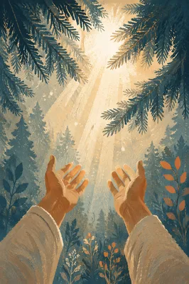 Hands Reaching Toward Sunlit Evergreen Canopy