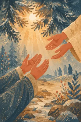 Hands Reaching Toward Light in Evergreen Forest