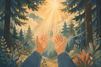 Hands Reaching Toward Evergreen Forest Light