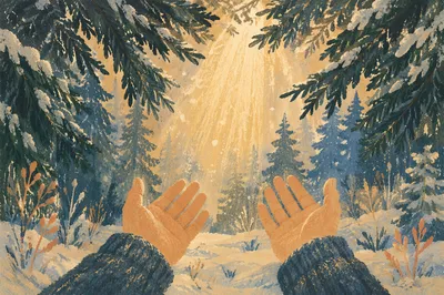 Prayerful Hands Reaching Toward Forest Light