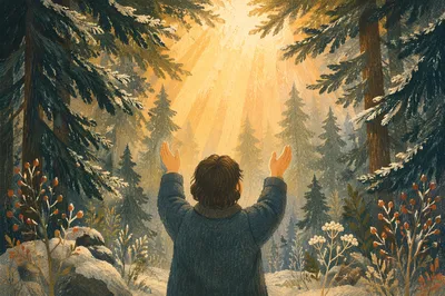 Hands Reaching Toward Evergreen Morning Light