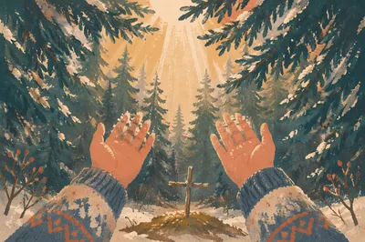 Praying Hands Reaching Toward Evergreen Light