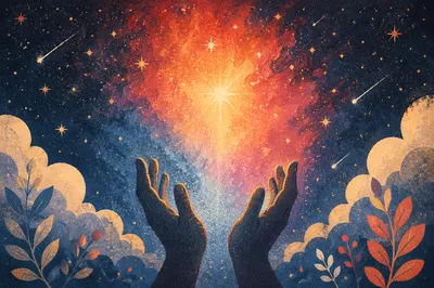Hands Reaching Toward Celestial Light