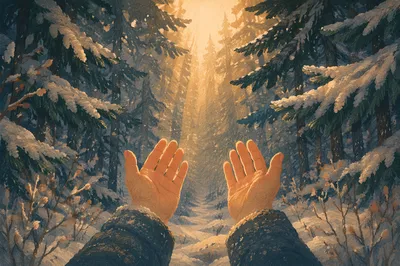 Hands Reaching Toward Evergreen Morning Light