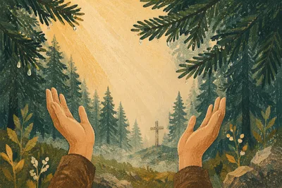 Hands Reaching Toward Light in Evergreen Forest