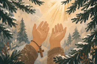 Hands Reaching Toward Golden Forest Light