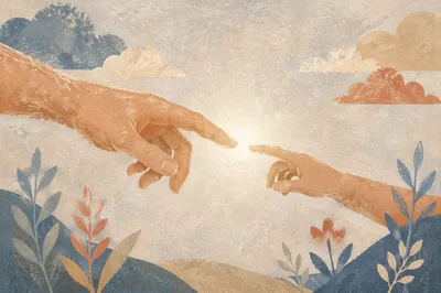 Hands Reaching Toward Gentle Central Light