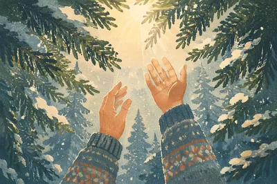 Hands Reaching for Winter Forest Light
