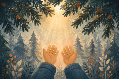 Hands Reaching Toward Light in Evergreens