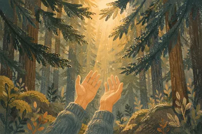 Hands Reaching Toward Light in Evergreens