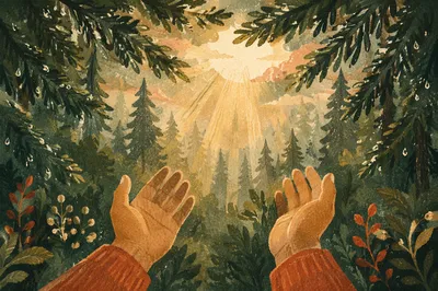 Hands Reaching for Light in Evergreen Forest