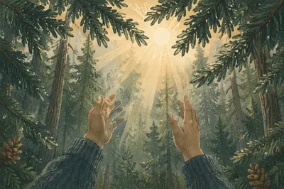 Hands Reaching for Light in Evergreens