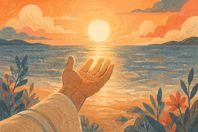 Hand Reaching Toward Sunset Light