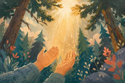 Hands Reaching Toward Light in Evergreen Forest