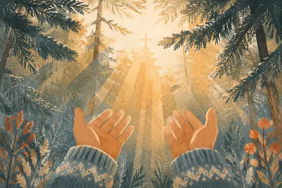 Prayerful Hands Reaching Toward Evergreen Light