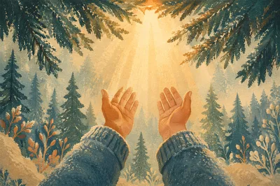 Prayerful Hands Reaching Toward Forest Light