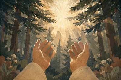 Hands Reaching Toward Evergreen Sunlight