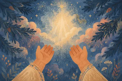 Hands Reaching Toward Celestial Forest Light