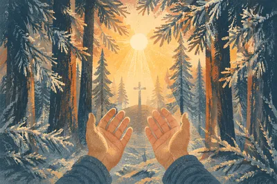 Hands Reaching Toward Golden Forest Light