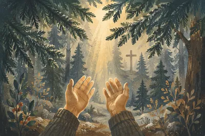 Hands Reaching Toward Evergreen Morning Light