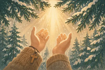 Praying Hands Reaching Toward Evergreen Light