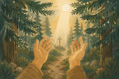 Praying Hands Reaching Toward Forest Light