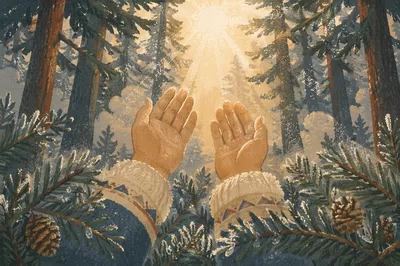 Prayerful Hands Reaching Through Evergreen Light