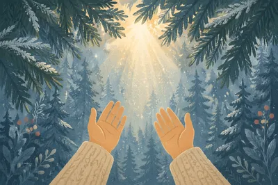 Hands Reaching Toward Morning Light in Evergreens
