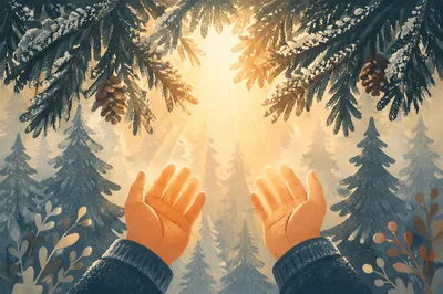 Hands Reaching Toward Golden Forest Light