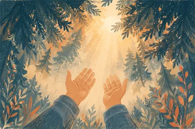 Hands Reaching Toward Forest Sunlight