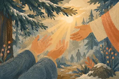 Hands Reaching Toward Light in Evergreen Forest