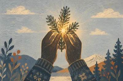 Hands Lifting Evergreen Toward Winter Light