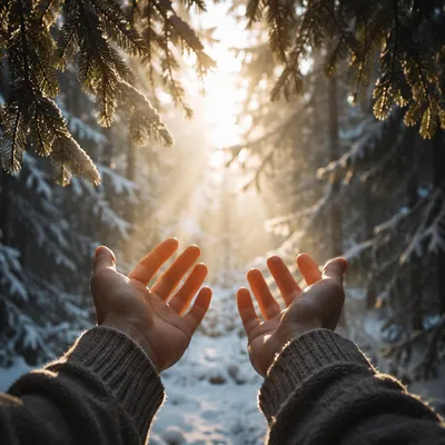 Hands Reaching Toward Winter Forest Light