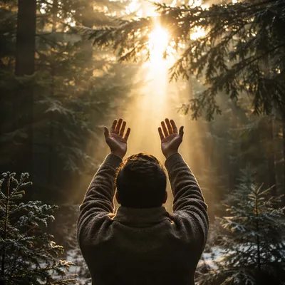 Hands Reaching Toward Golden Forest Light