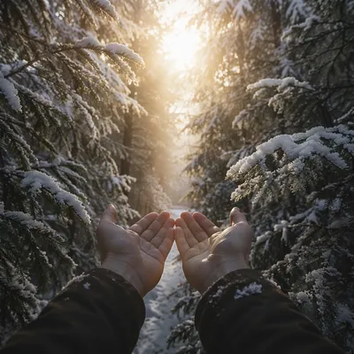 Hands Reaching Toward Golden Forest Light
