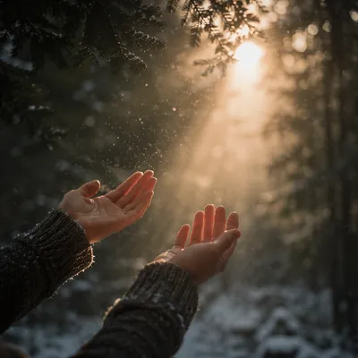Hands Reaching Toward Golden Forest Light