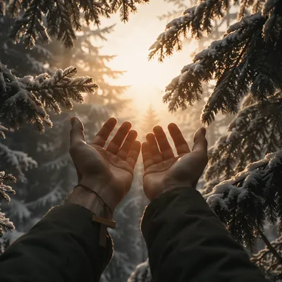 Hands Reaching Toward Golden Forest Light