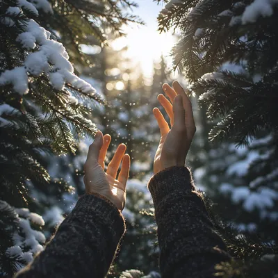 Hands Reaching Toward Winter Evergreen Light