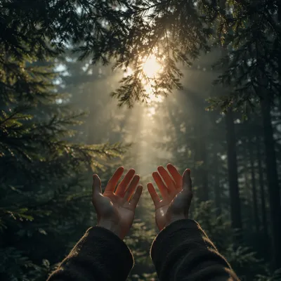 Hands Reaching Toward Morning Forest Light