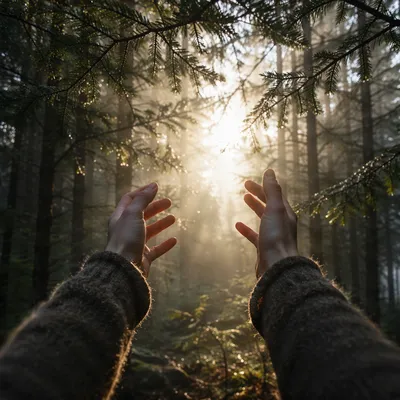 Hands Reaching Toward Light in Evergreen Forest