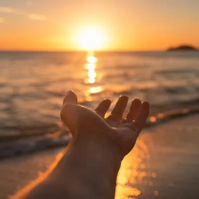 Hand Reaching Toward Sunset Ocean Light