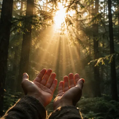 Hands Reaching Toward Forest Morning Light