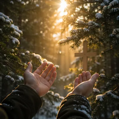 Open Hands Reaching Toward Forest Light