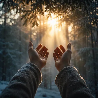 Prayerful Hands Reaching Toward Forest Light