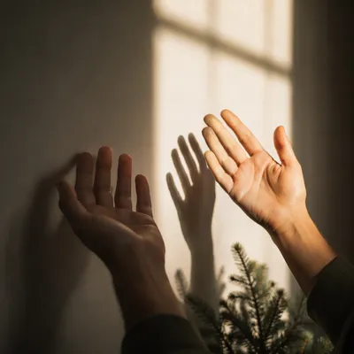 Hands Reaching Toward Sunlit Prayer Wall
