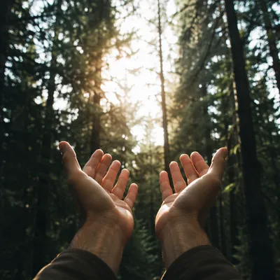 Hands Reaching Toward Sunlight in Evergreen Grove