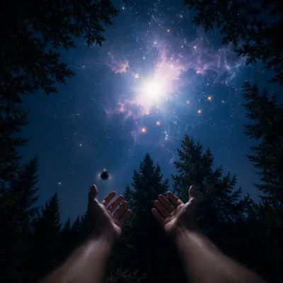 Hands Reaching Toward Celestial Forest Light