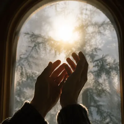 Hands Reaching Toward Winter Prayer Light