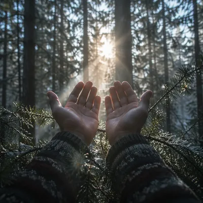 Open Hands Reaching Toward Forest Light